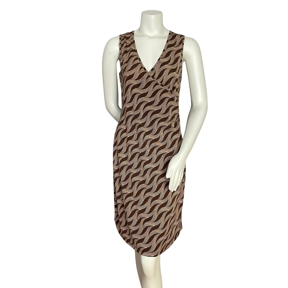 Y2K Dress Funky Print Neutral Colors Sleeveless Wavy Design Women Brown Retro
